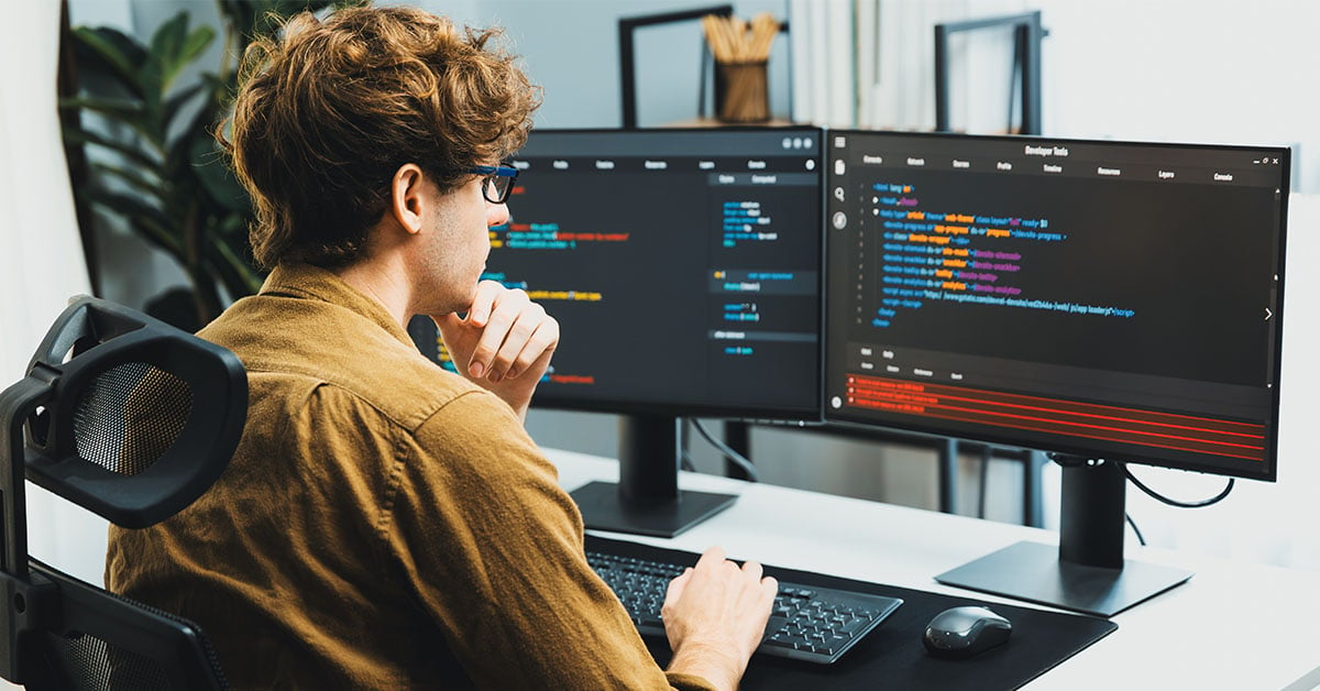 Developer accessing an API across two computer screens